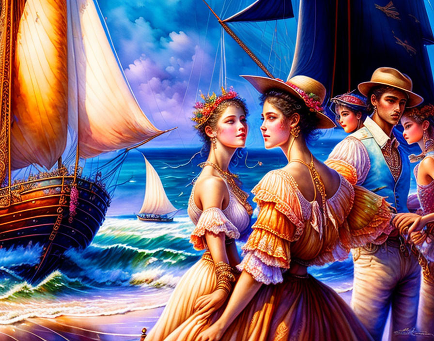 Historical painting of elegantly dressed people by the sea