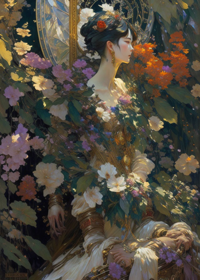 Floral-themed portrait of a serene woman with golden jewelry