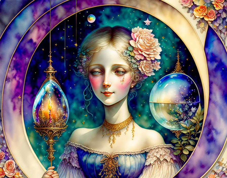 Whimsical woman portrait with cosmos hair and lantern, surrounded by flowers and celestial bodies.