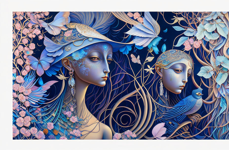 Intricate Artwork: Stylized Female Figures with Bird Elements in Blue and Pink