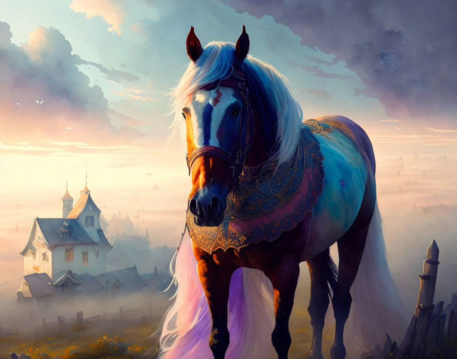 Majestic horse with colorful mane in misty village landscape