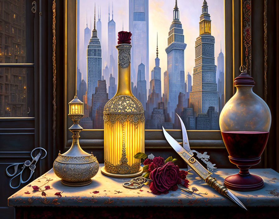 Intricate still life featuring lantern, vessels, letter opener, rose, and cityscape at dusk