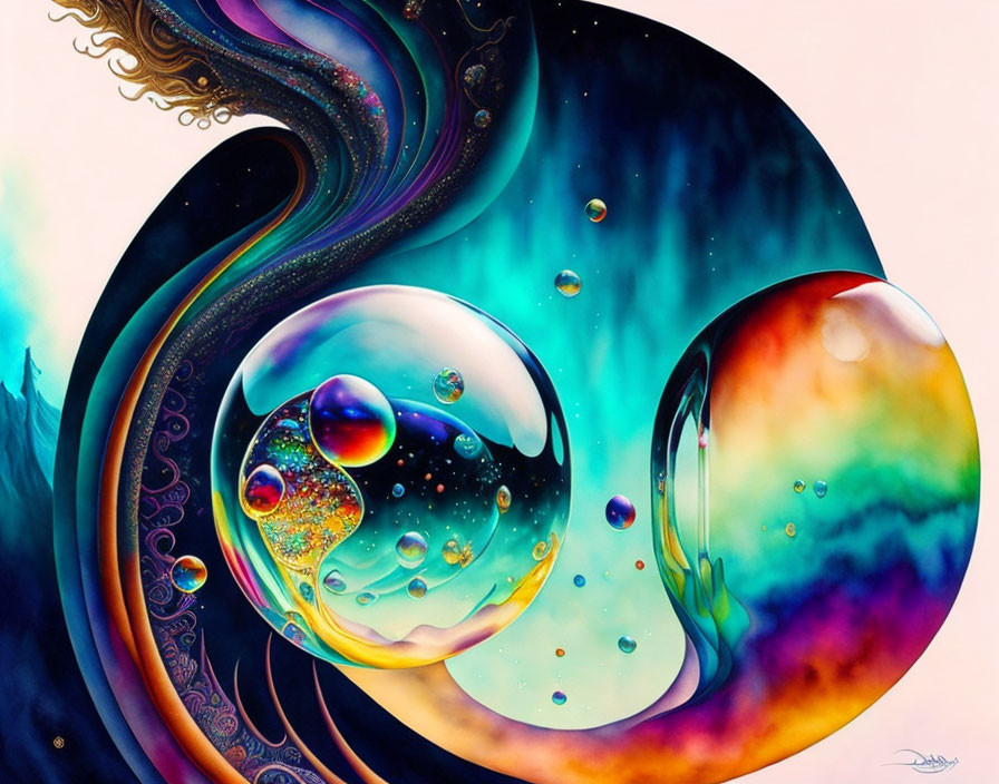 Colorful Abstract Painting with Swirling Patterns and Bubbles