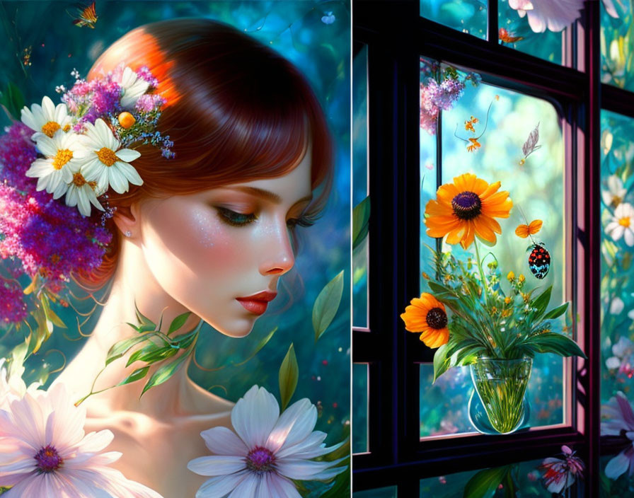 Digital artwork: Woman with flowers, vase with ladybug on window ledge