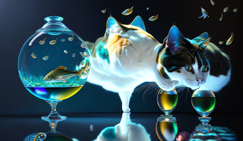 Curious cat gazes at fishbowl with flying fish and colorful glassware