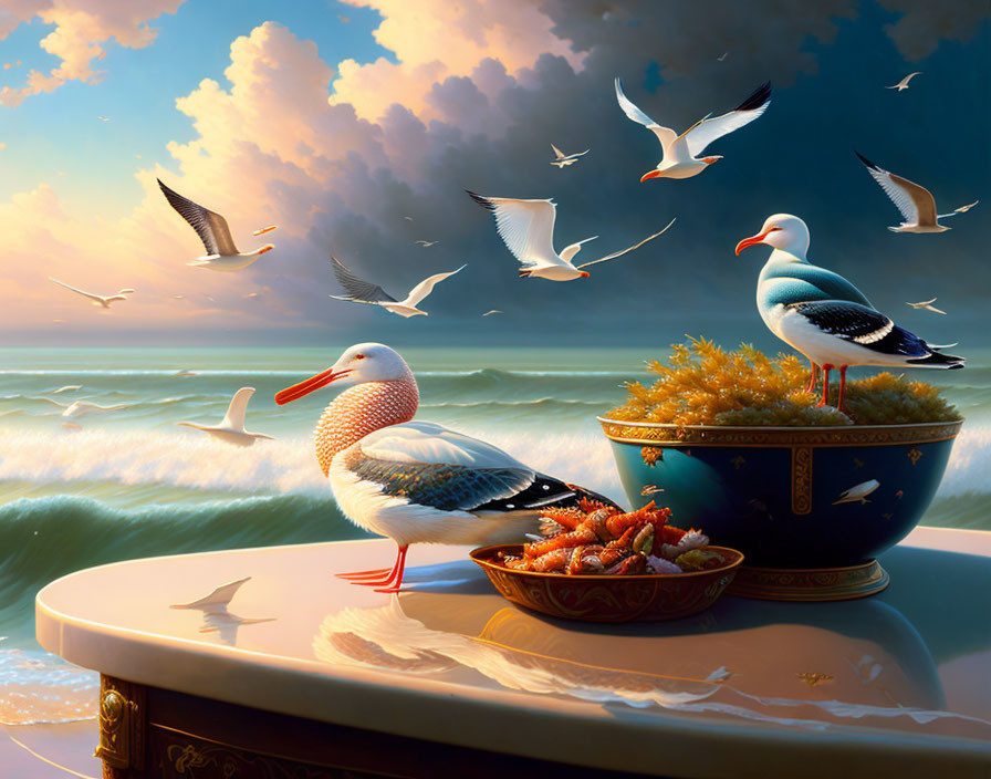 Seagulls on ornate table by the sea with dramatic sky