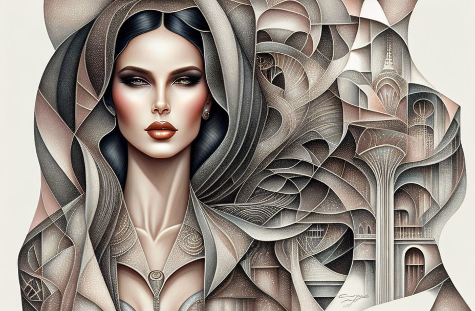 Woman's portrait intertwined with architectural elements in detailed illustration.