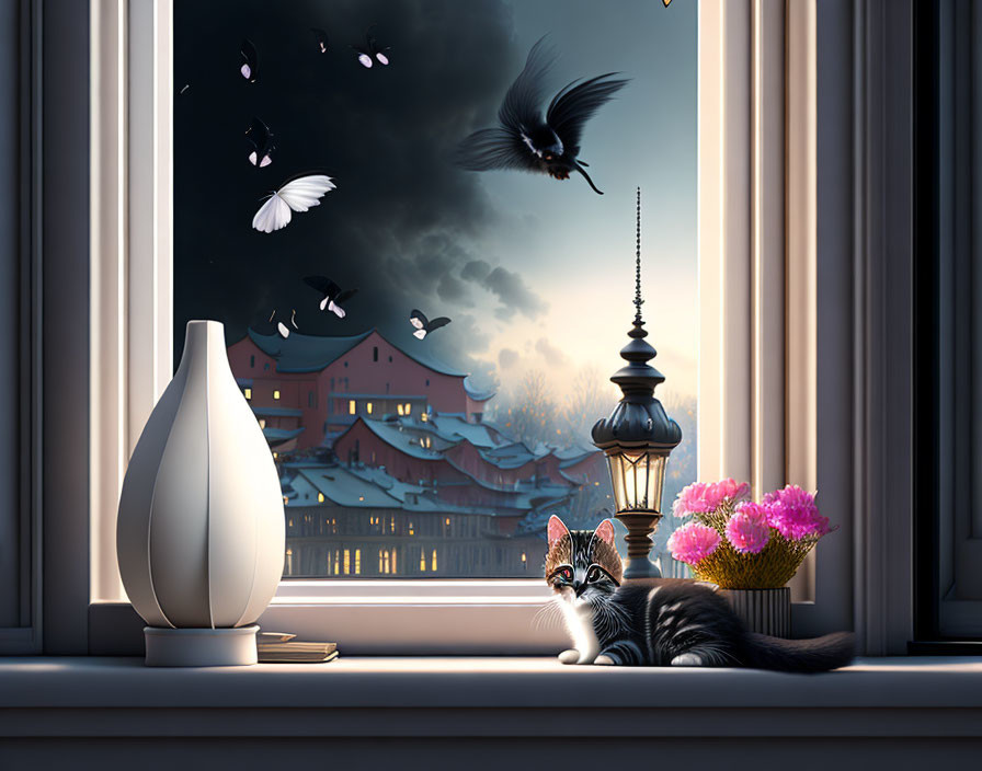 Cat resting on windowsill with vase, book, and butterflies at dusk in cityscape.
