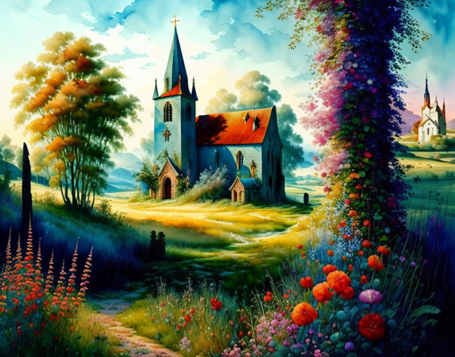 Colorful countryside painting with church, gardens, and dreamy sky