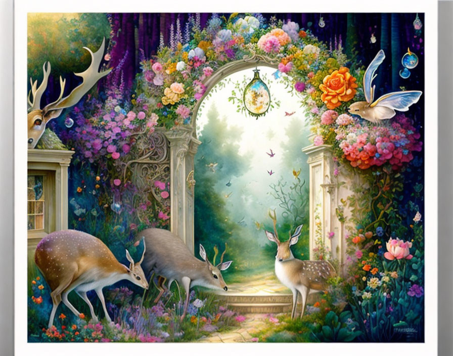 Enchanting garden scene with deer, arch doorway, vibrant flowers, and luminous butterfly-winged