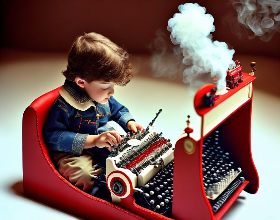 Child typing on vintage toy typewriter with steam engine and smoke, red and white background