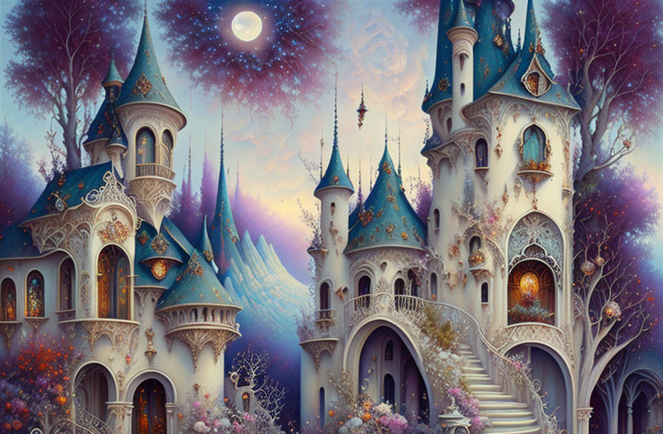 Fantastical castle with ornate spires in twilight scene blending architecture with nature