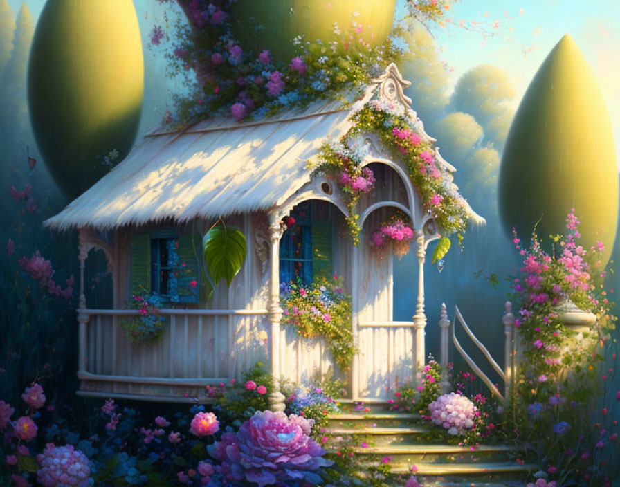 Illustration of whimsical fairy-tale cottage in enchanted garden