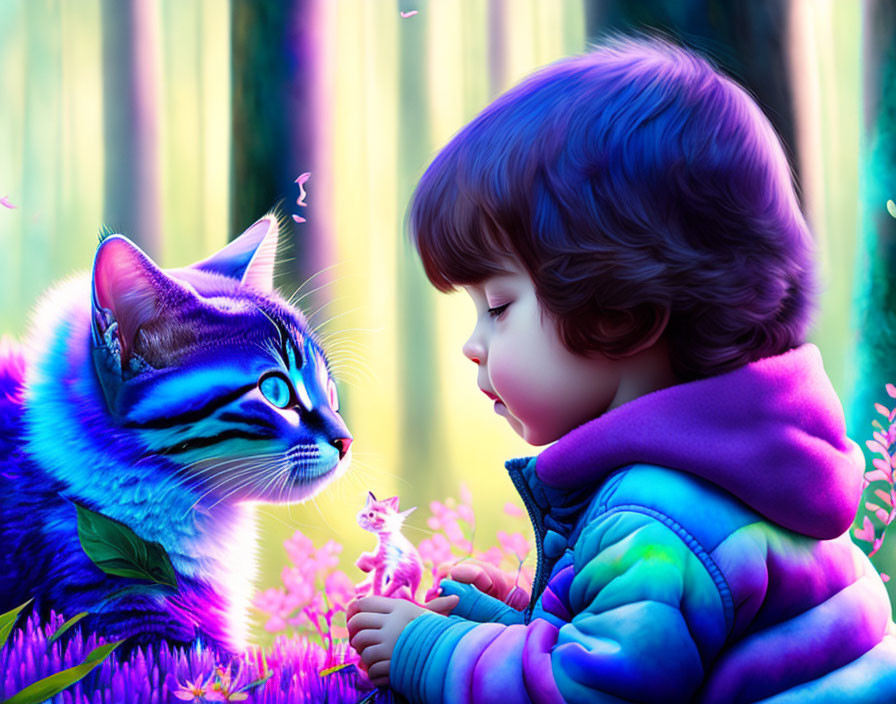 Child in blue jacket meets large striped cat in magical forest