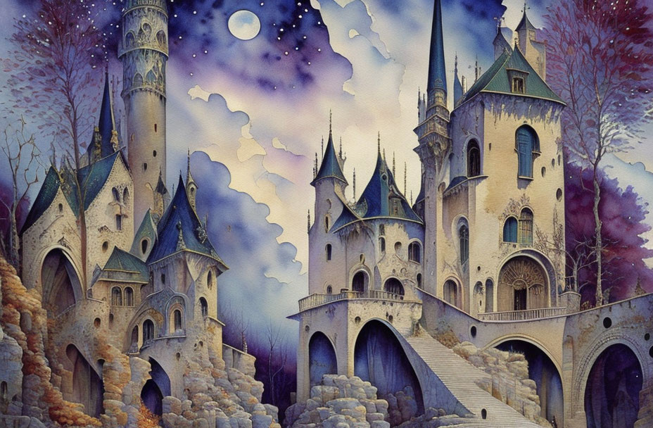 Fantastical castle with towers and bridges under starry night sky