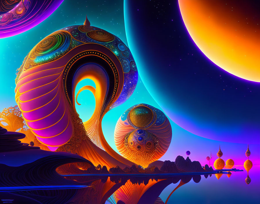 Surreal landscape with swirling structures, reflective water, and orange planet