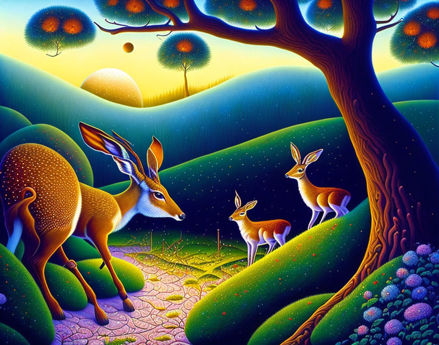 Colorful illustration of whimsical deer in a fantastical starry landscape