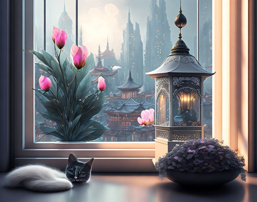 Tranquil room with cat, pink tulips, lantern, and city view