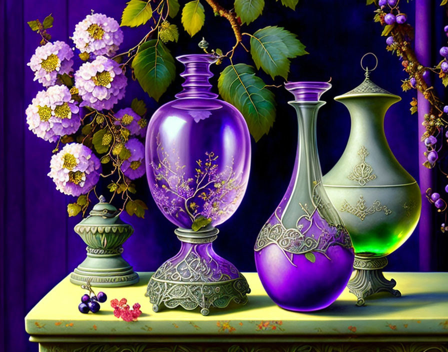 Colorful Decorative Vases with Flowers and Leaves on Purple Background