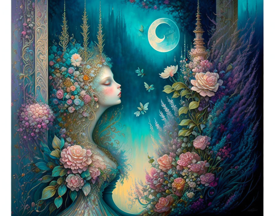 Fantastical portrait of female figure with floral hair in mystical forest.