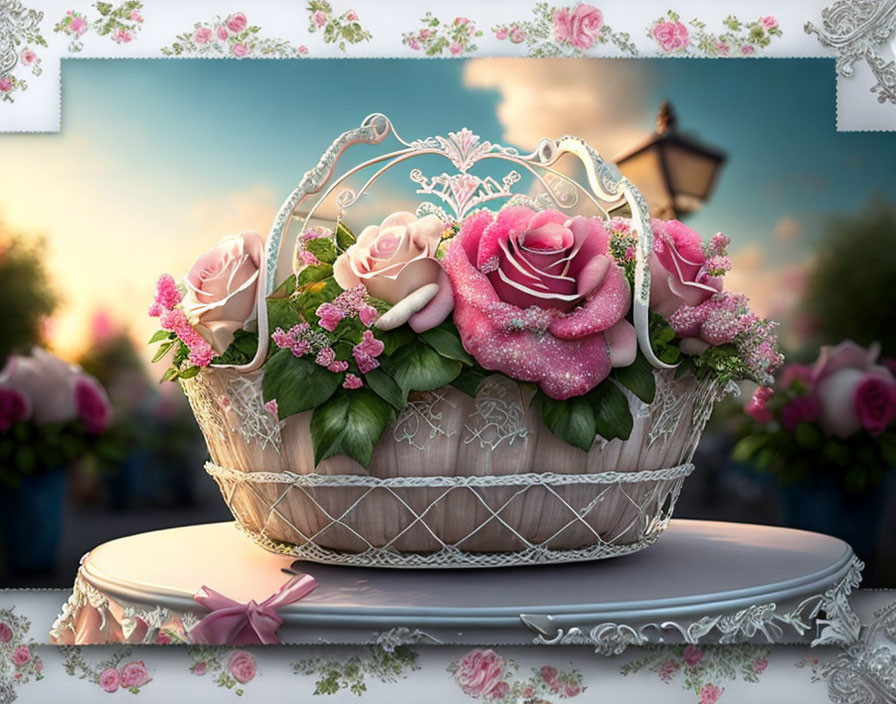 Pink rose and foliage basket on twilight background with flowers and lamppost