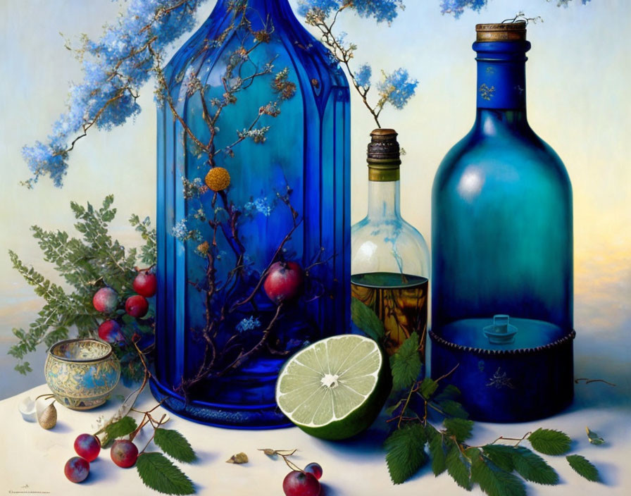 Blue bottle, blossoms, fruits, and teacup in still life painting