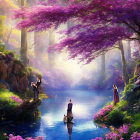 Fantasy landscape with castle, sailboats, river, and vibrant trees under purple sky