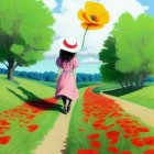 Vibrant painting of woman walking in flower-filled scenery