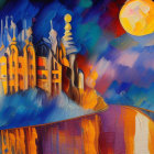 Fantasy castle under double moon on blue and orange sky with water and bridge.