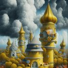 Surreal artwork with golden towers, stormy clouds, crescent moon