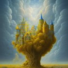 Fantastical tree with golden castle-like structures in surreal landscape