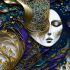 Illustrated woman with ornate mask and swirling hair on cosmic background