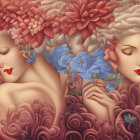 Stylized glamorous female figures with floral hairstyles in rose-hued setting