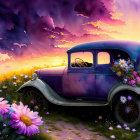 Colorful vintage car surrounded by swirling patterns and vibrant flowers with a flying blue bird.