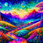 Colorful fantasy landscape with rolling hills, rivers, crescent moon, and whimsical castle