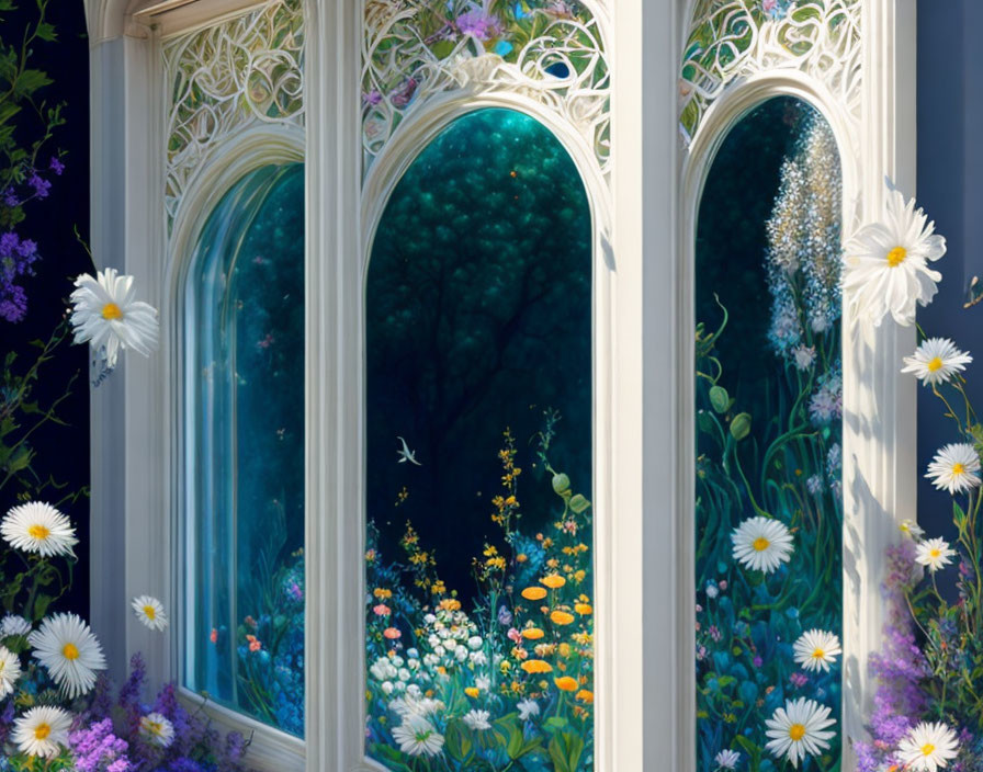 White Gothic Arch Window Frame Overlooking Vibrant Underwater Scene