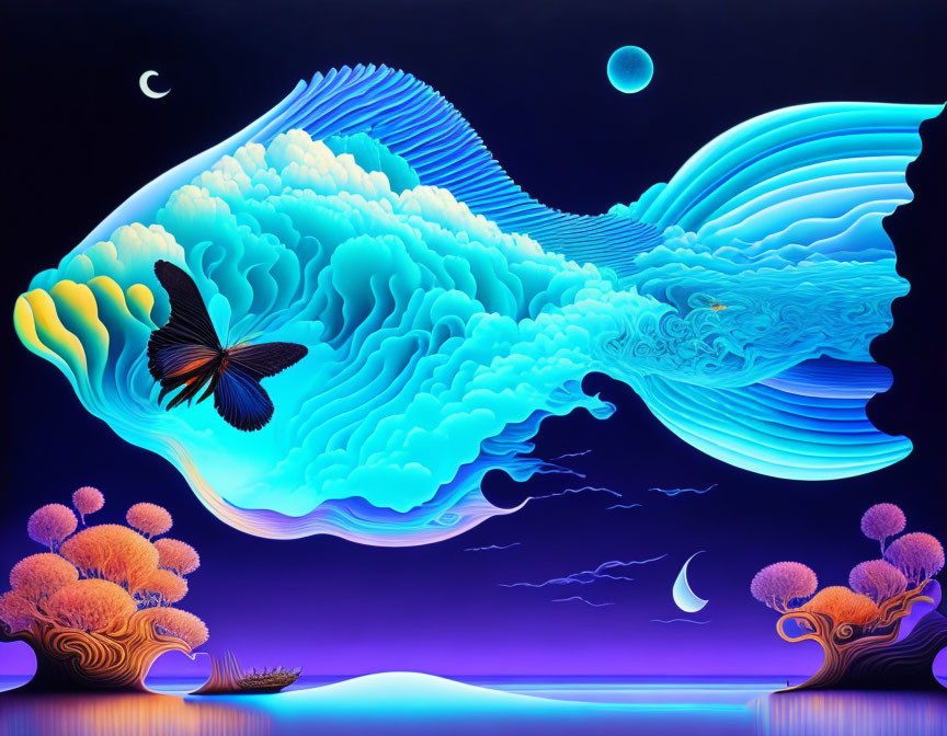 Surreal fish and butterfly illustration with ocean wave textures on dark blue backdrop