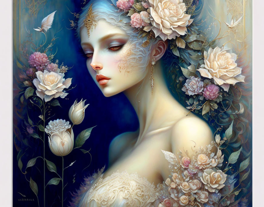 Surreal portrait of woman with pale blue skin and floral crown