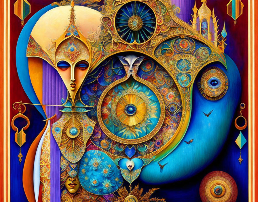 Colorful Psychedelic Artwork with Abstract Faces and Peacock Motifs