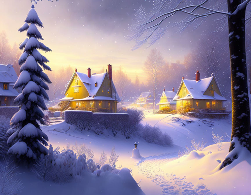 Snow-covered houses with warm glowing lights and snowman in winter scene