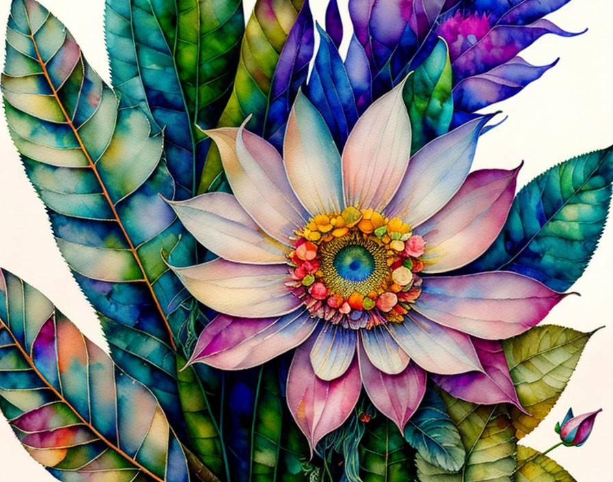 Colorful Flower Illustration with Detailed Leaves and Gradient Hues