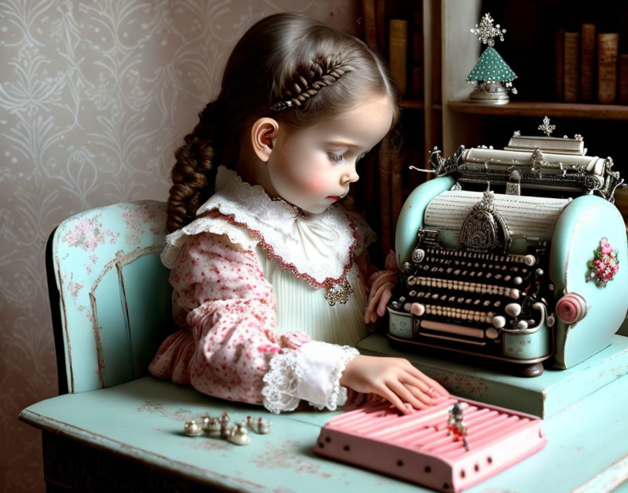 Young girl with braided hair at vintage desk with old typewriter and pink device