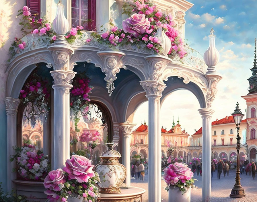 Balcony with Pink Roses and European Street View