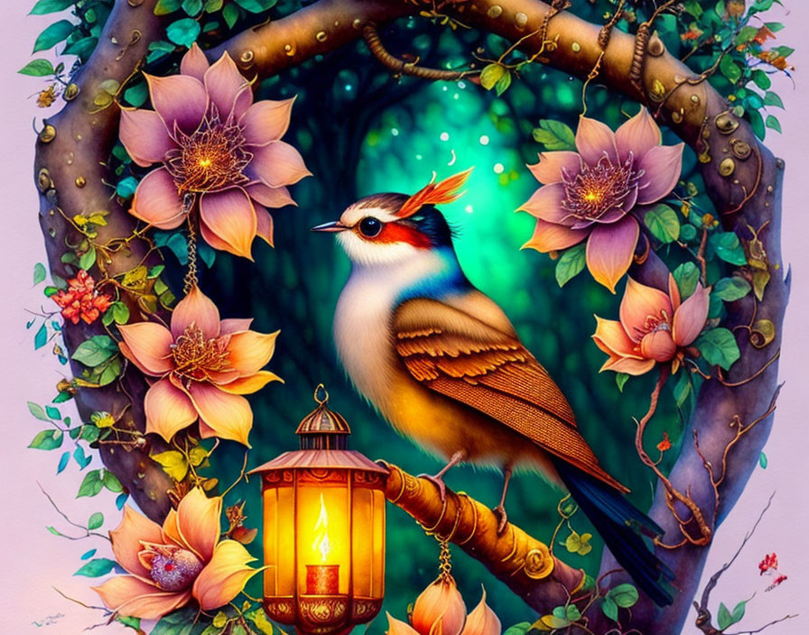 Colorful bird with crest holding lantern in mystical forest setting