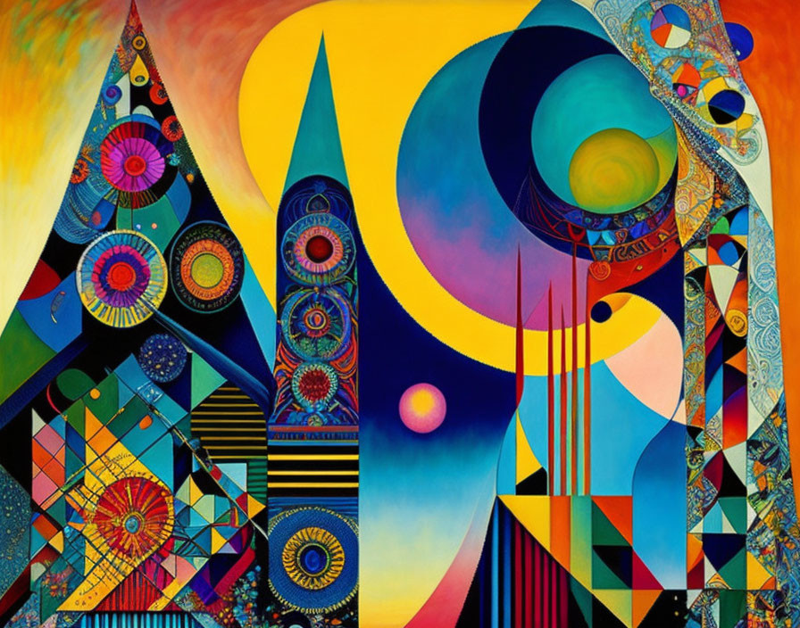 Colorful Abstract Painting with Geometric Shapes and Architectural Forms