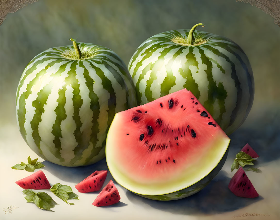 Whole and sliced watermelons with pink-red interior and black seeds on textured surface