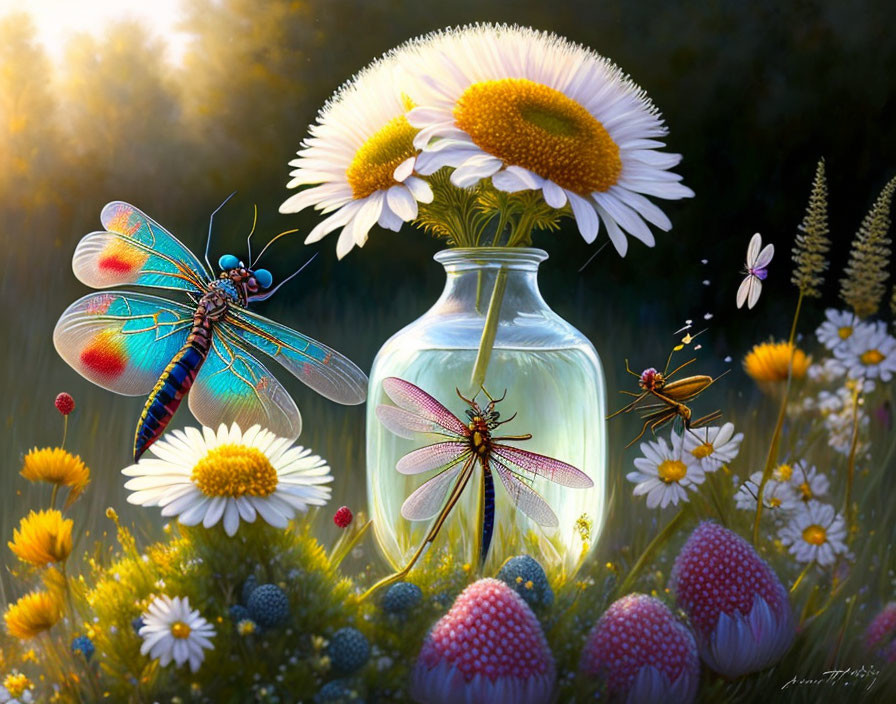 Colorful Dragonflies Artwork with Flowers and Forest Background