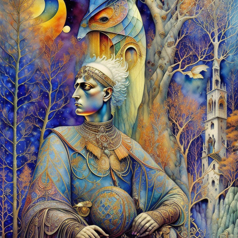 Colorful Artwork of Regal Figure in Blue Armor Amongst Fantasy Setting