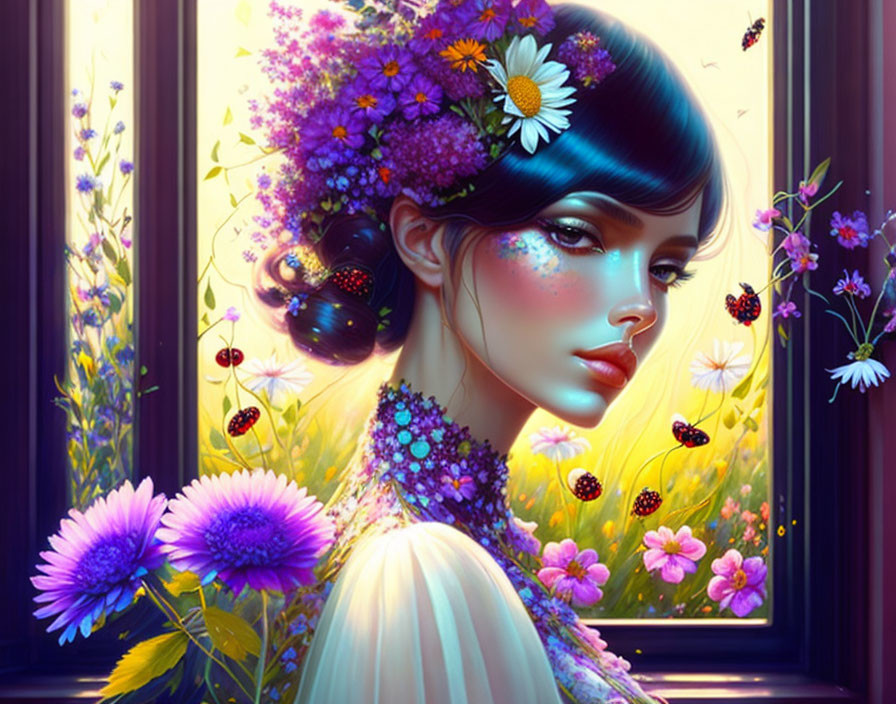 Colorful Woman with Flowers, Butterflies, and Meadow View