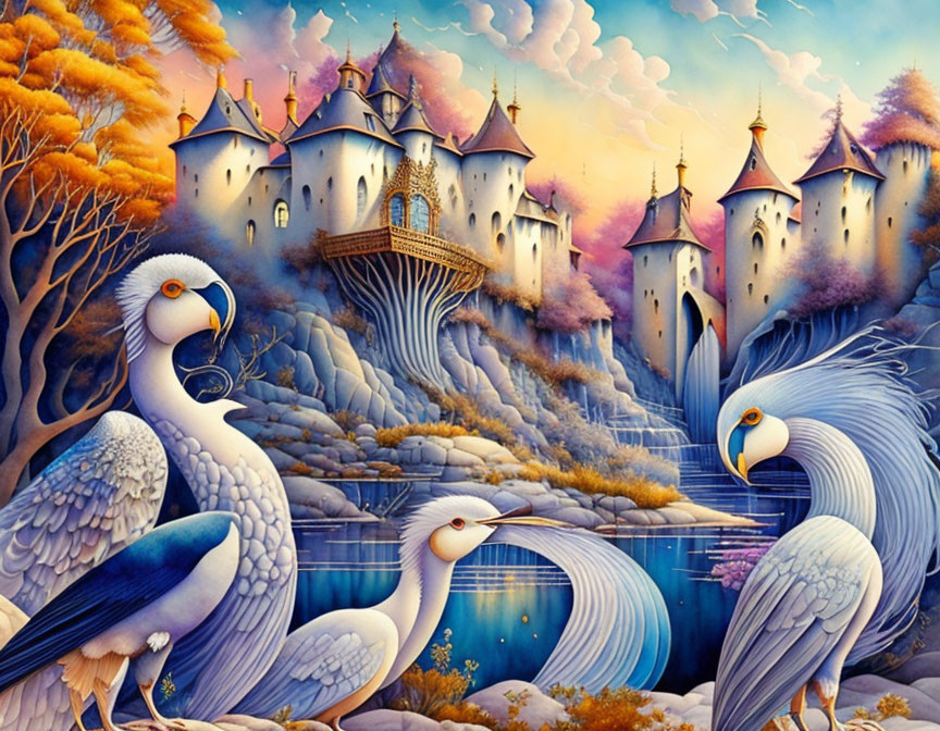 Majestic castle in vibrant fantasy landscape with autumn trees and colorful birds